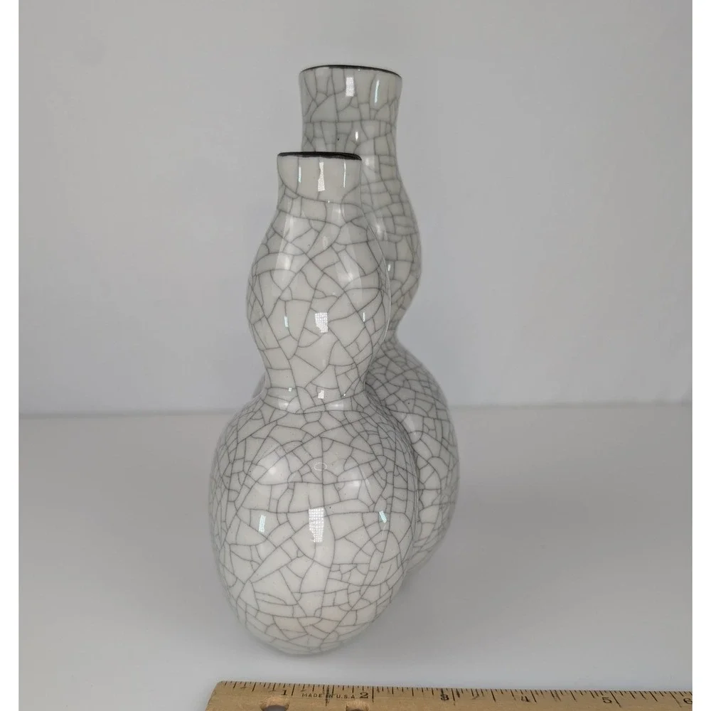 Vtg Crackle Double Gourd Vases White Glaze Ceramic Asian‎ Decor MMA WAQ 1994